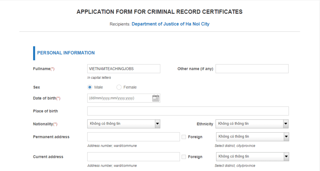 Criminal record certificate application form