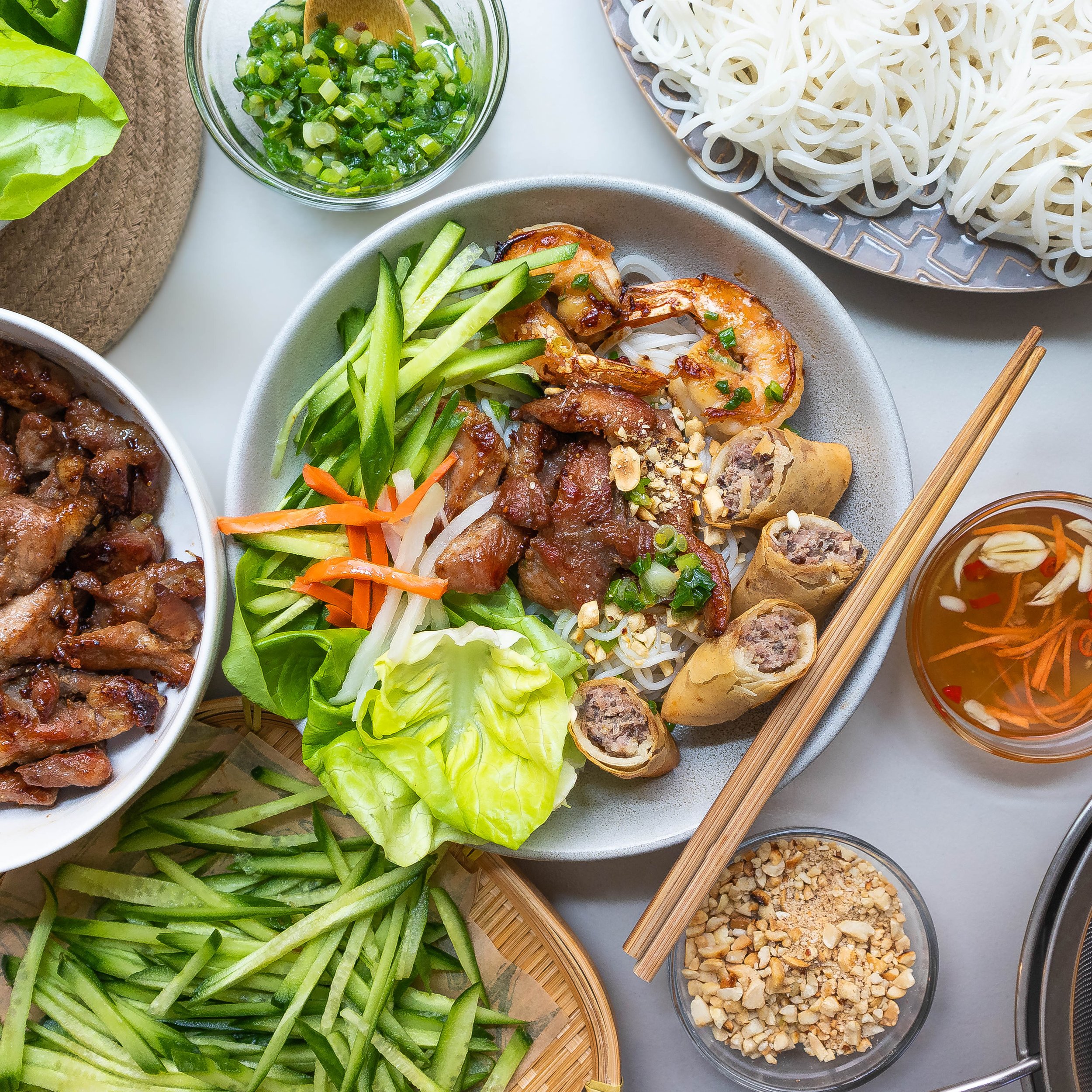 Bun Thit Nuong has grilled pork, noodles from Vietnam, and veggies